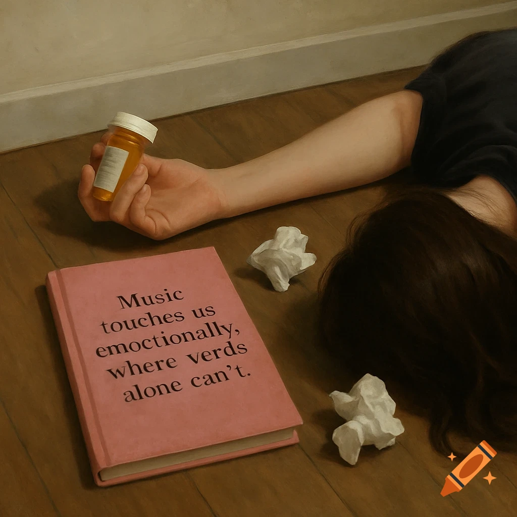 A person's arm and hair on floor with pill bottle, pink book, and tissues. Book title is partially garbled.