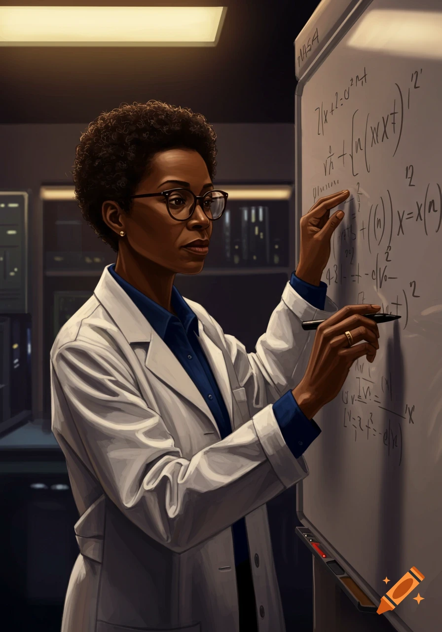 A woman in a lab coat writes equations on a whiteboard. Digital painting.