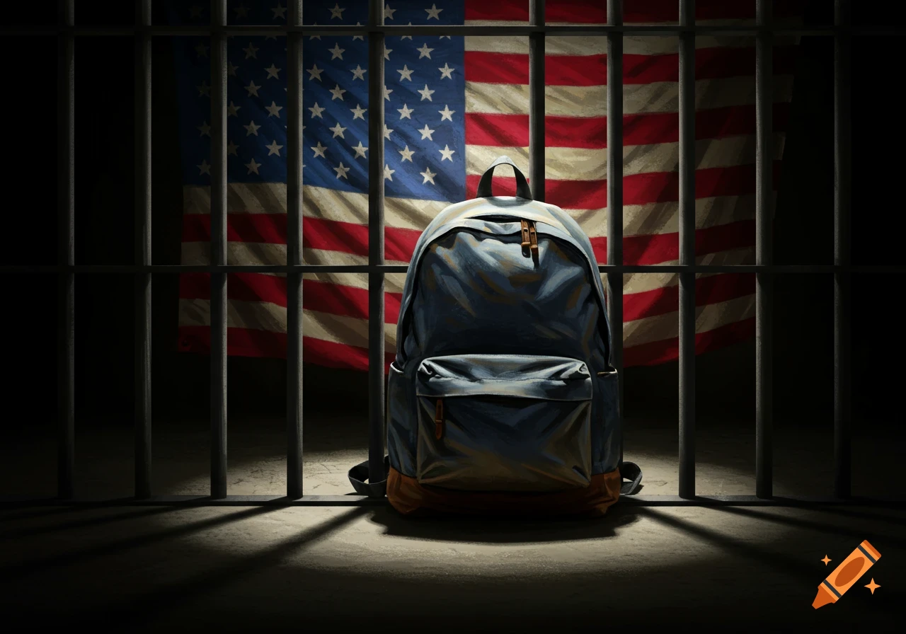 Backpack behind prison bars with American flag in background.
