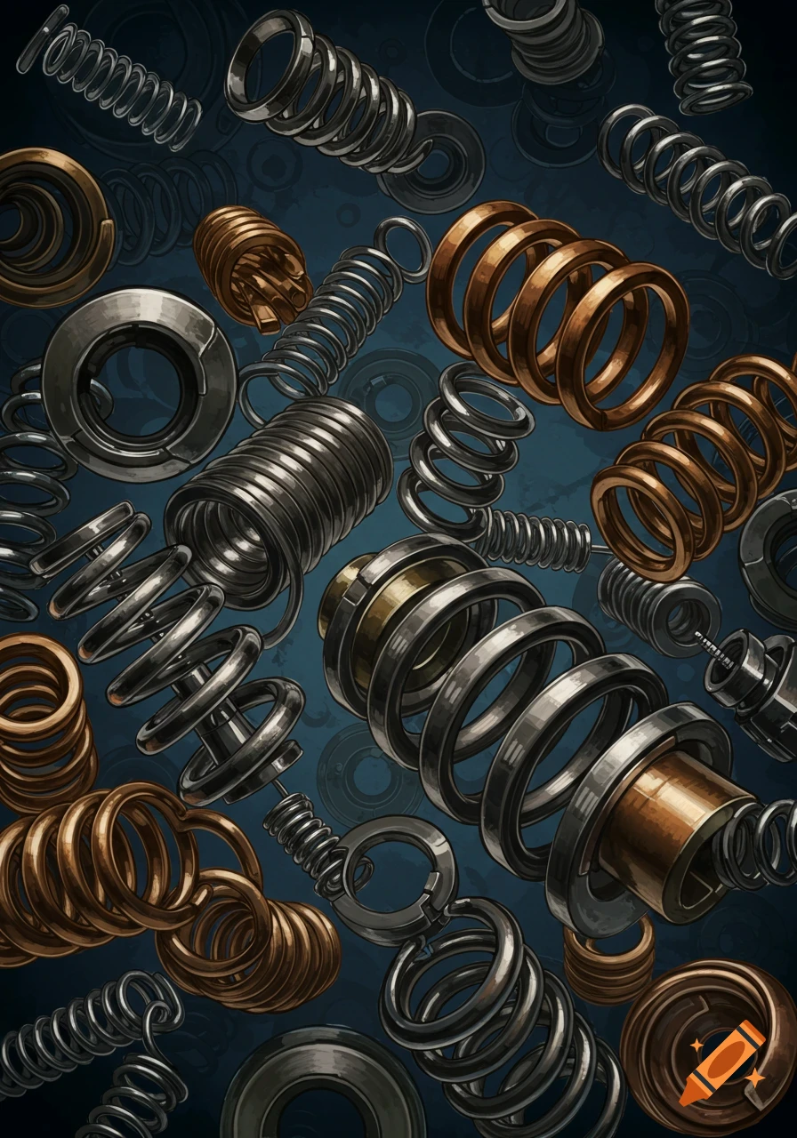 A collection of various mechanical springs and metal parts scattered against a dark background.