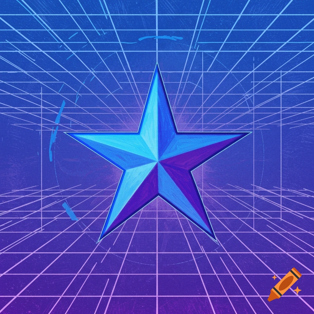 A textured illustration of a blue and purple star over a bright pink retro grid background.