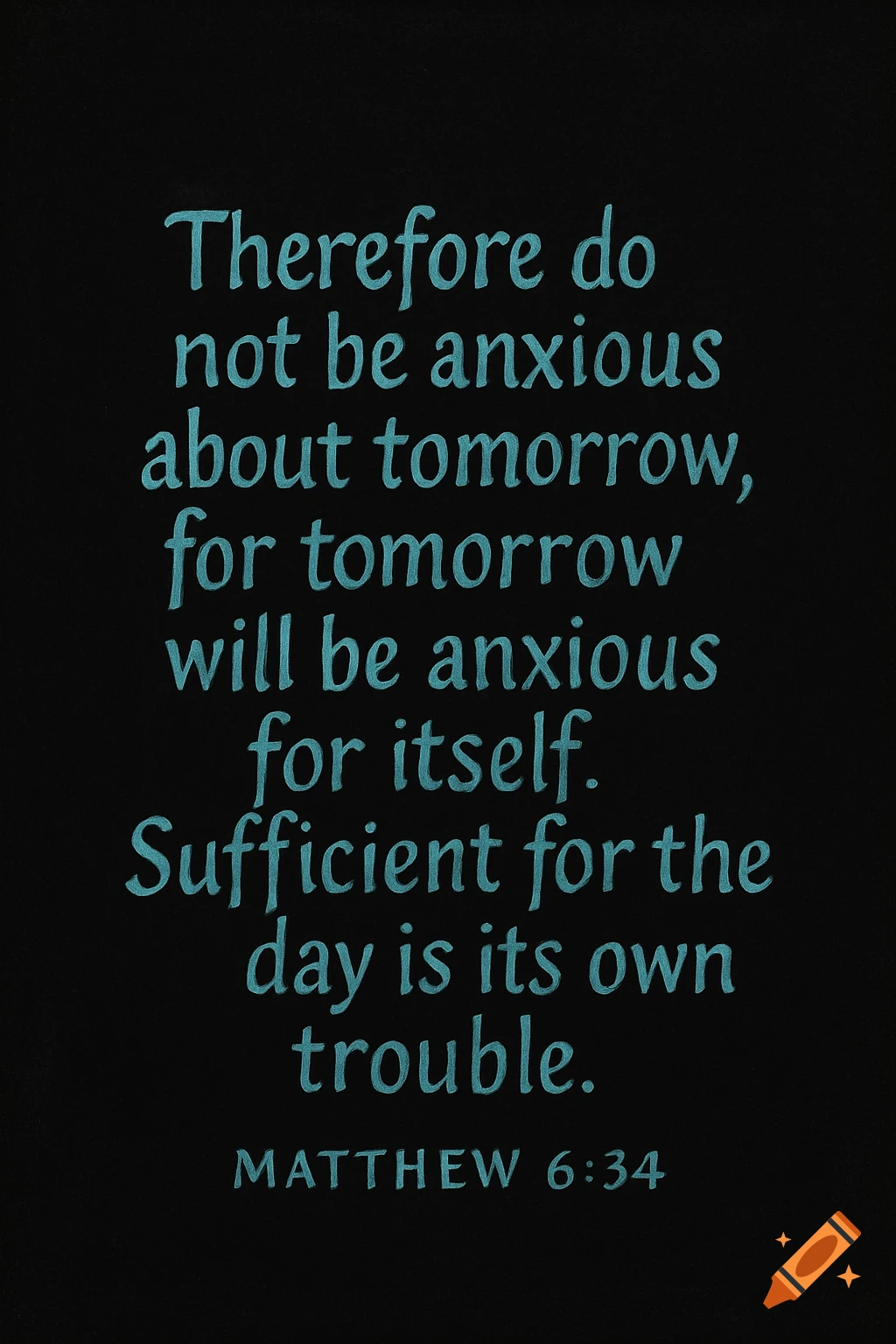 Bible verse Matthew 6:34 quote in teal text on black background