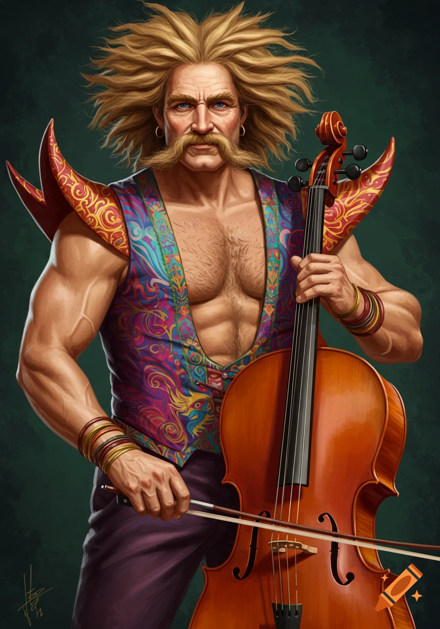 A muscular man with wild blond hair and a large mustache wears a vibrant open vest and plays a cello.
