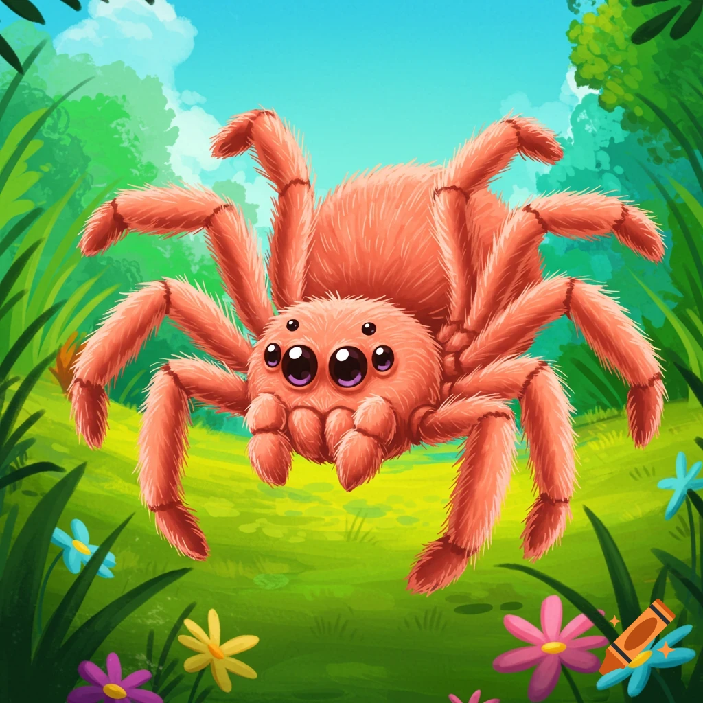 A large salmon-colored cartoon spider sits in a green field with colorful flowers.