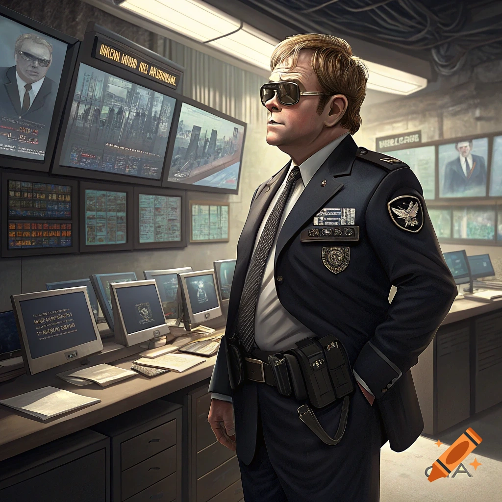 Man in suit and sunglasses in a surveillance room with multiple screens.