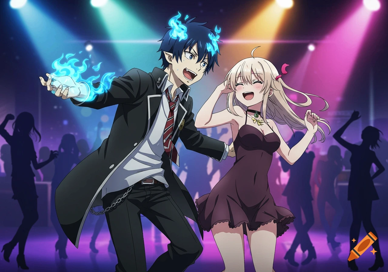 Anime illustration of Rin Okumura and Lala Deviluke dancing in a nightclub