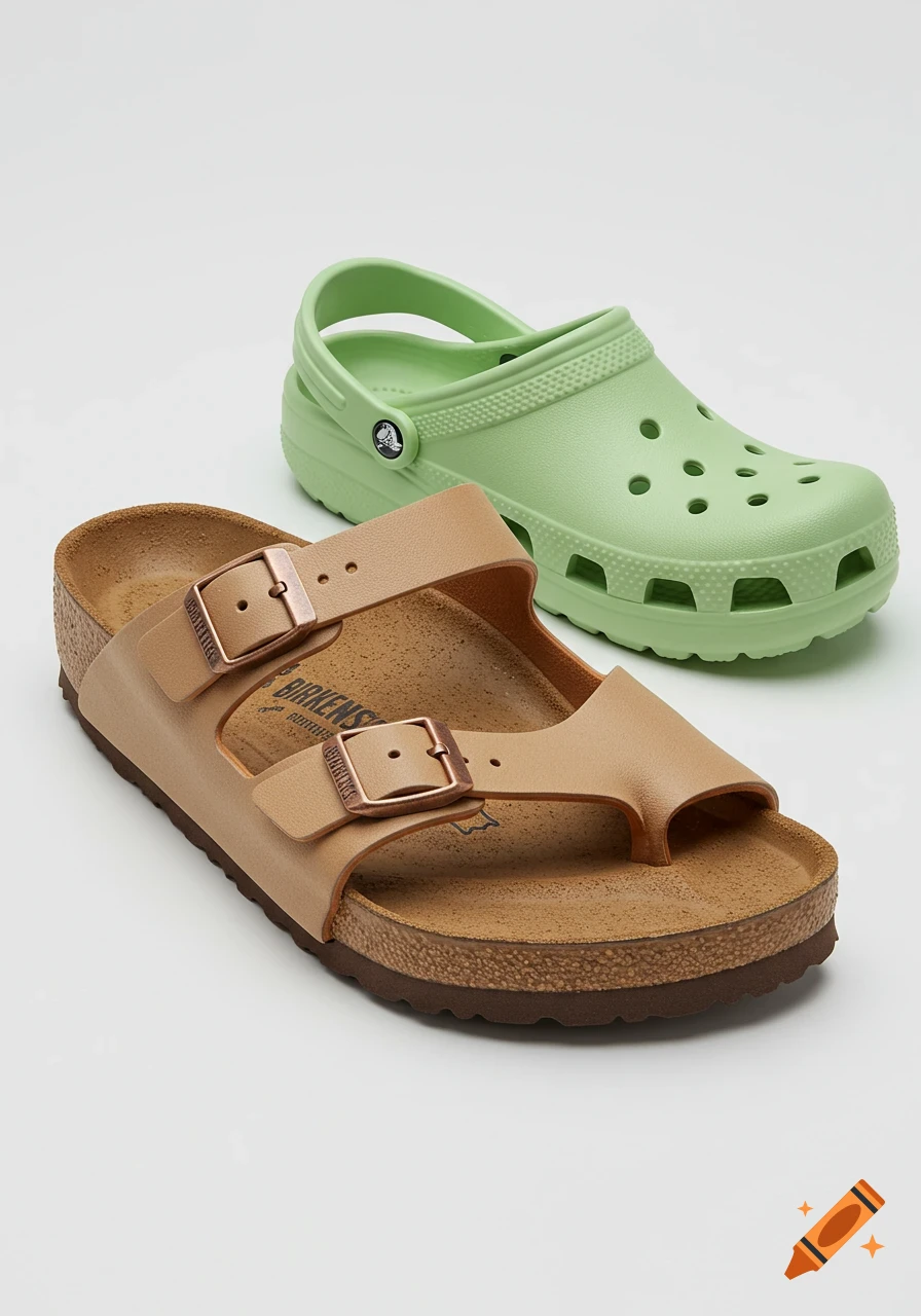 A tan Birkenstock sandal next to a light green Crocs clog on a white background, photorealistic.