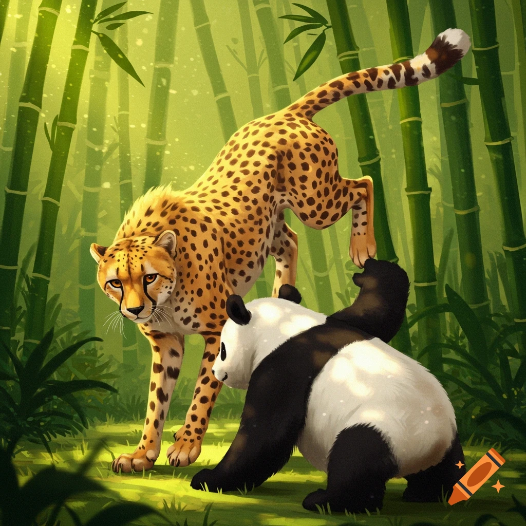 A cheetah stands over a panda in a lush bamboo forest illustration.