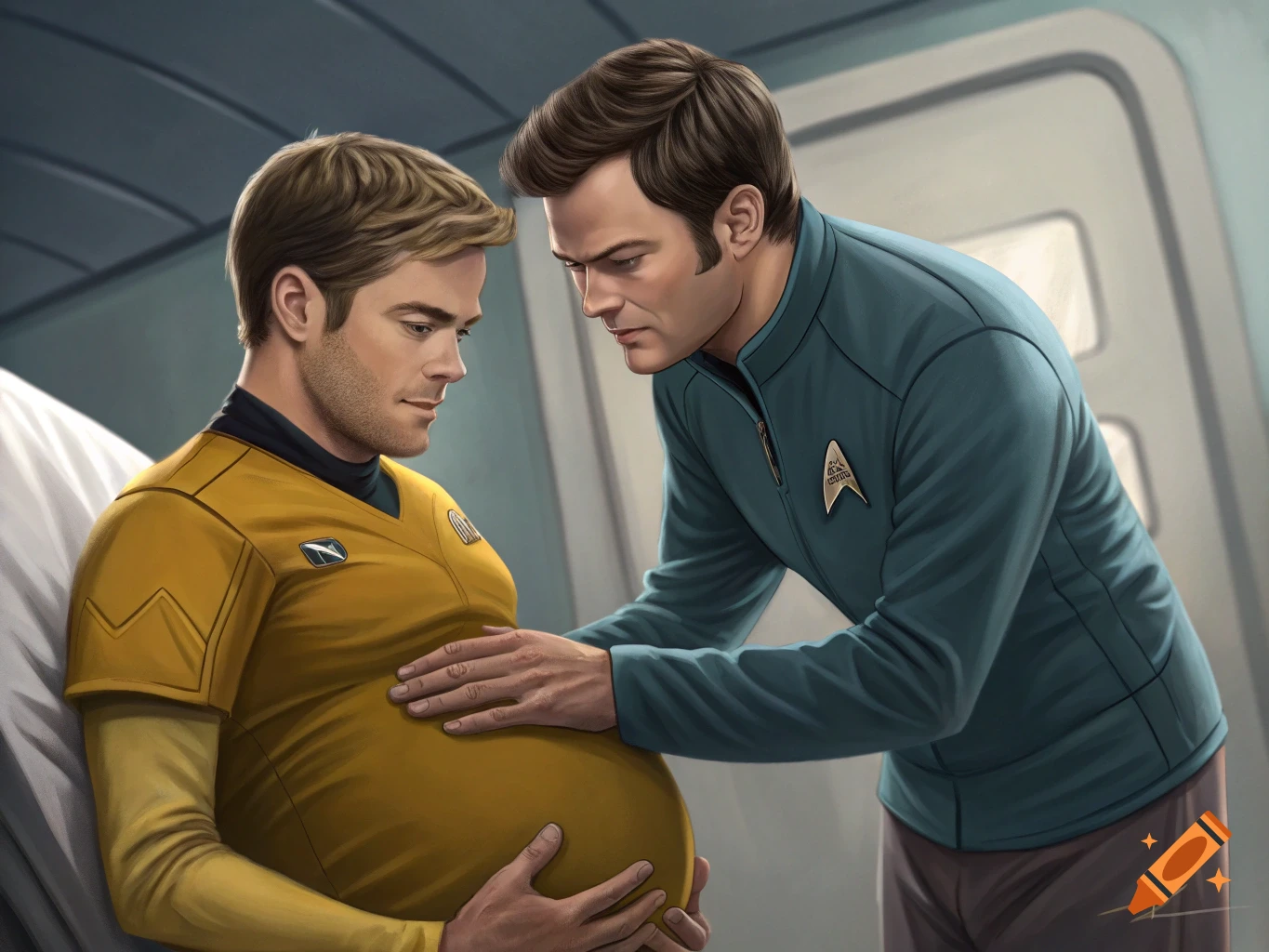 Illustration of pregnant Chris Pine as Kirk having his belly touched by Karl Urban as McCoy from Star Trek.