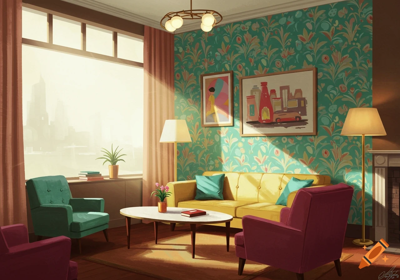 Retro living room with yellow sofa, armchairs, bright wallpaper, and ...