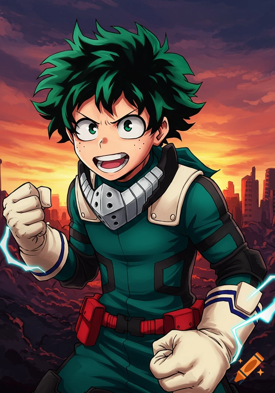 Izuku Midoriya (Deku) from My Hero Academia in a heroic pose with glowing fists against a sunset city background, anime style.