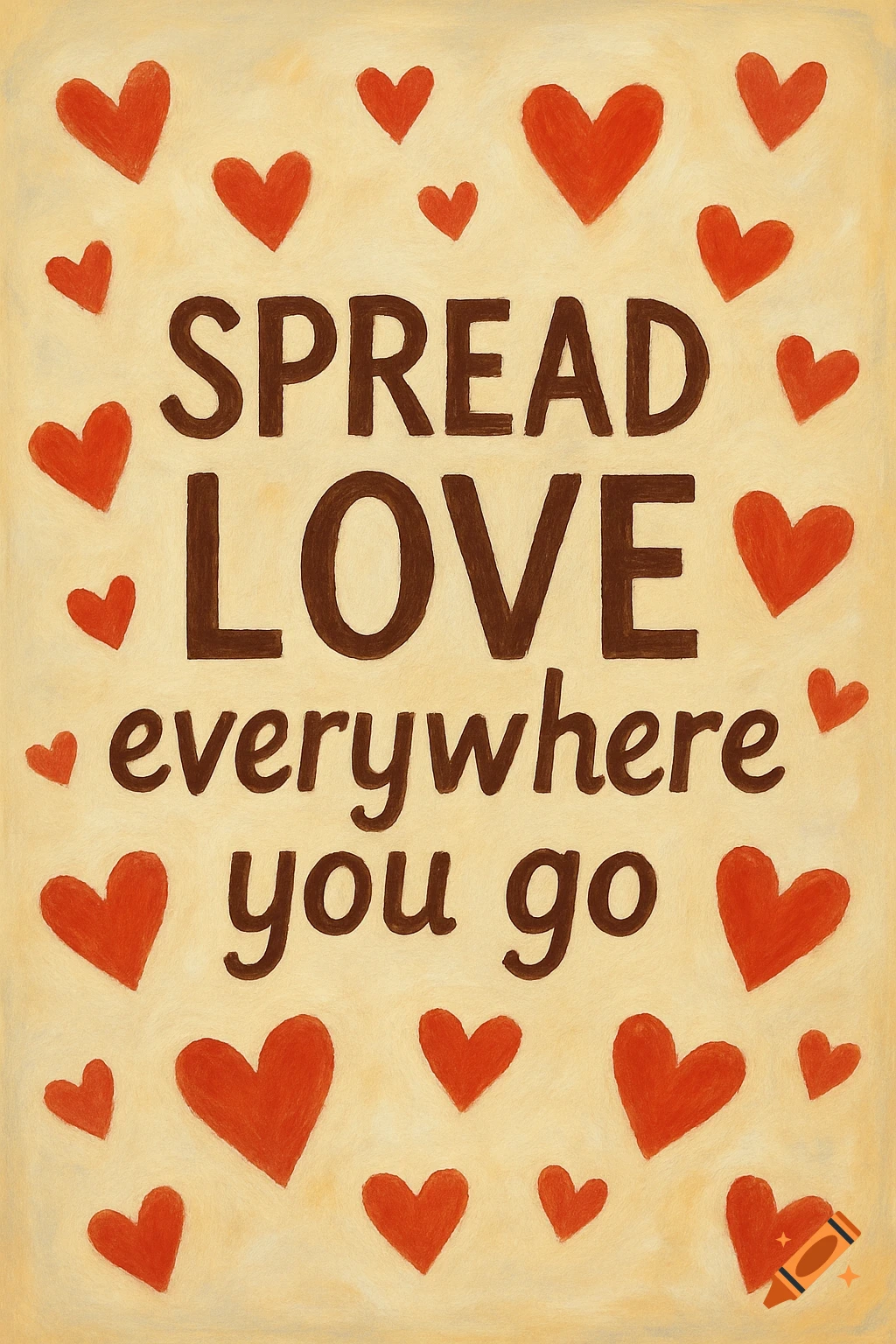 A textured illustration with red hearts surrounding the text "SPREAD LOVE everywhere you go".