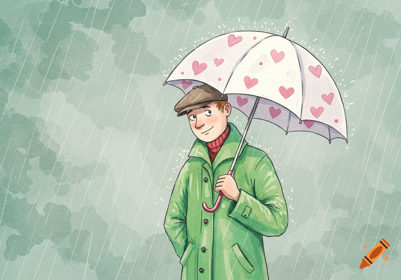 Watercolor illustration of a man in a green raincoat and cap holding a white umbrella with pink hearts in the rain.