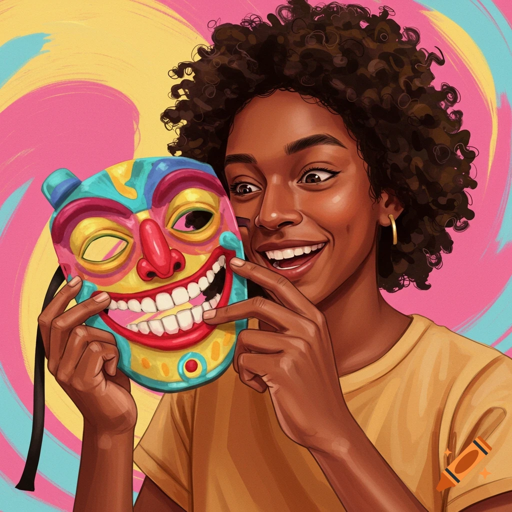 An illustration of a person smiling and holding a colorful mask.