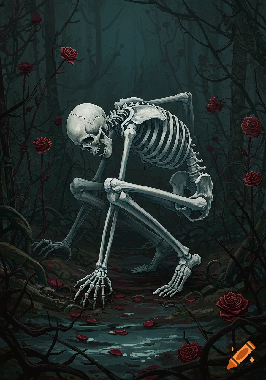 A skeleton crouched in a dark forest with red roses.