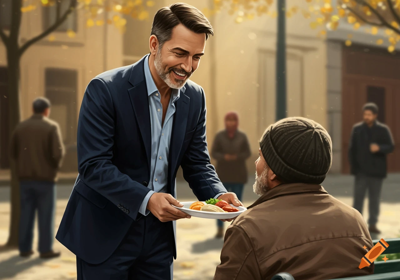 A smiling man in a suit jacket hands a plate of food to an older man sitting on a bench.