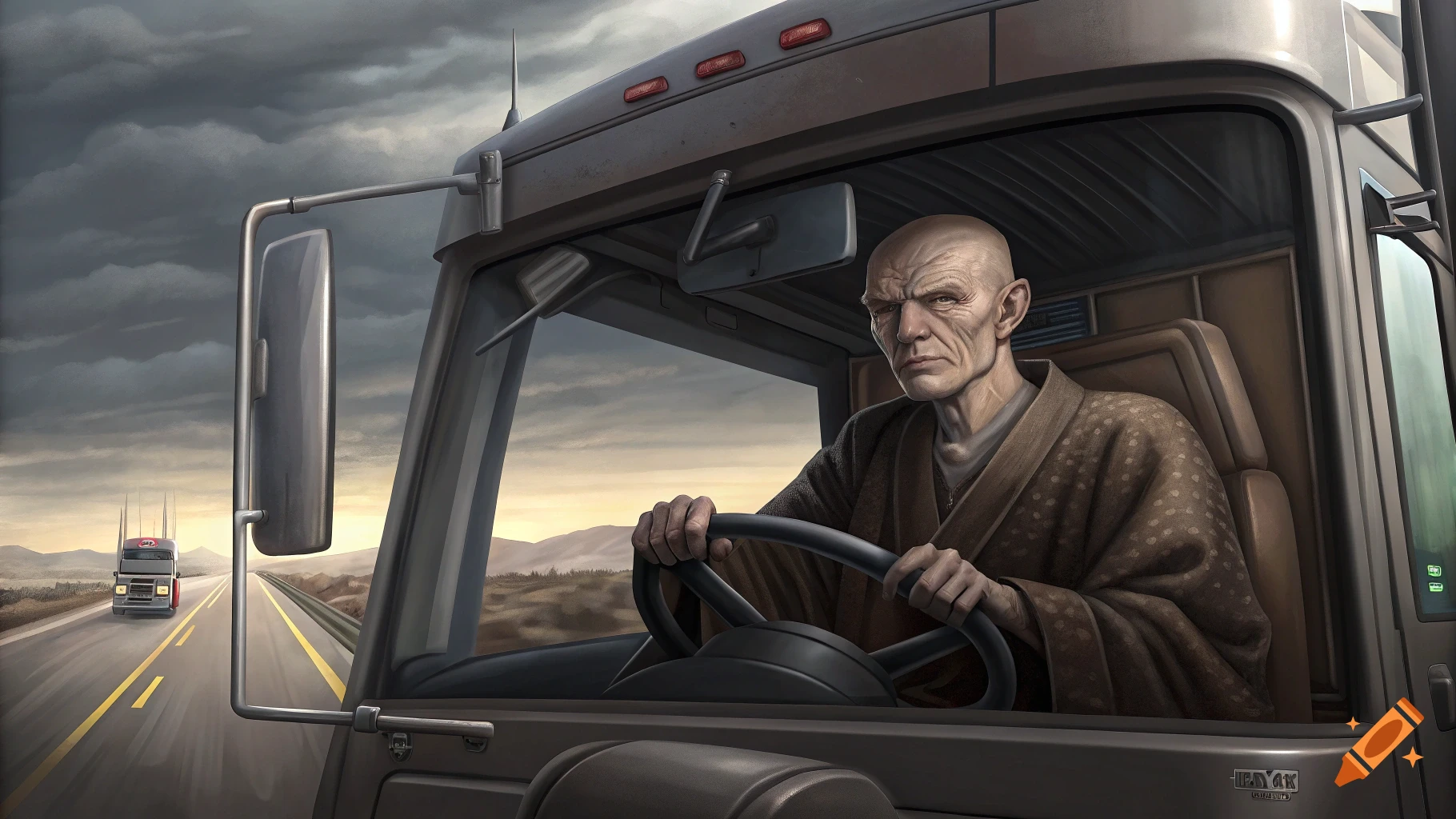 Bald man in robe drives a semi-truck on a desert highway, illustration style.
