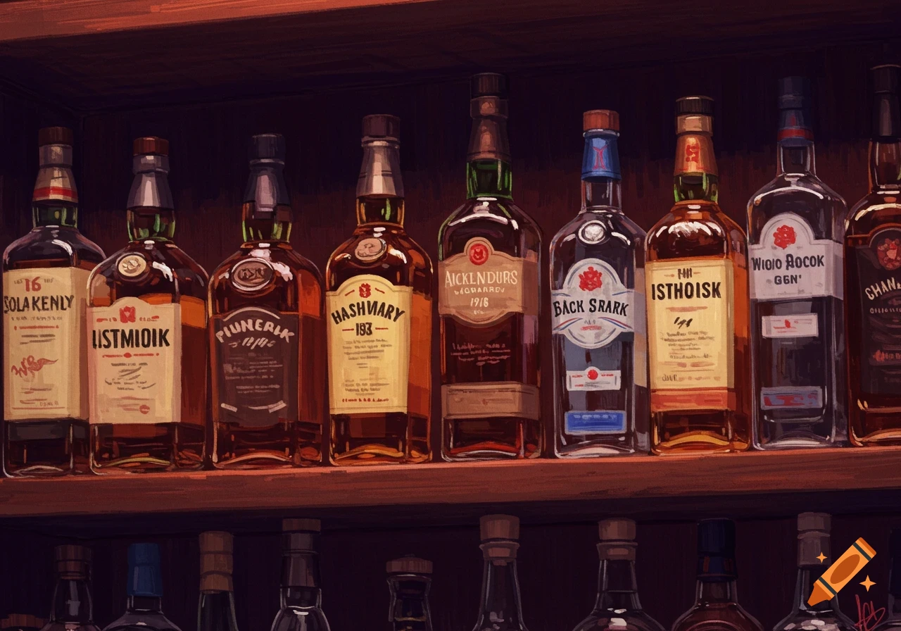 A shelf of bottles with illegible labels.