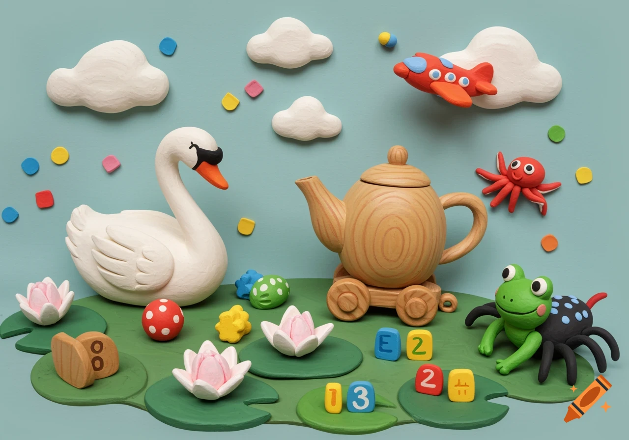 A clay model diorama with a swan, teapot, frog, spider, and airplane among lily pads and clouds.