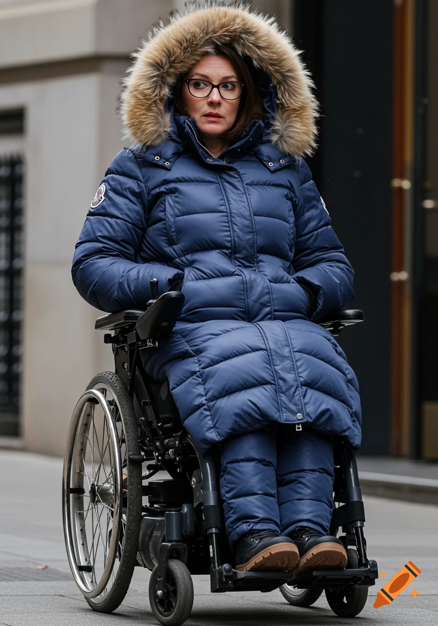 Woman in blue puffer coat with fur hood in a wheelchair on a street.