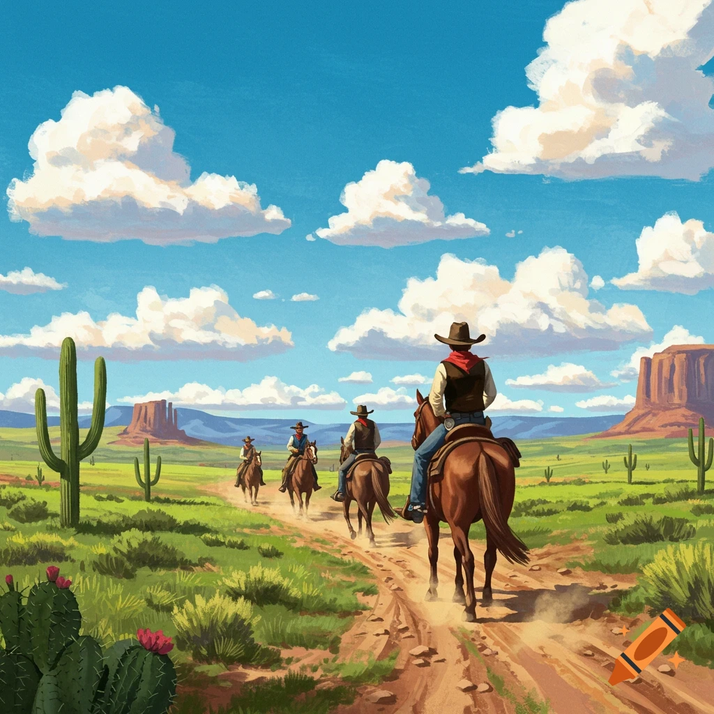Three cowboys on horseback ride a dirt path through a desert landscape with cacti and mesas, painted style.