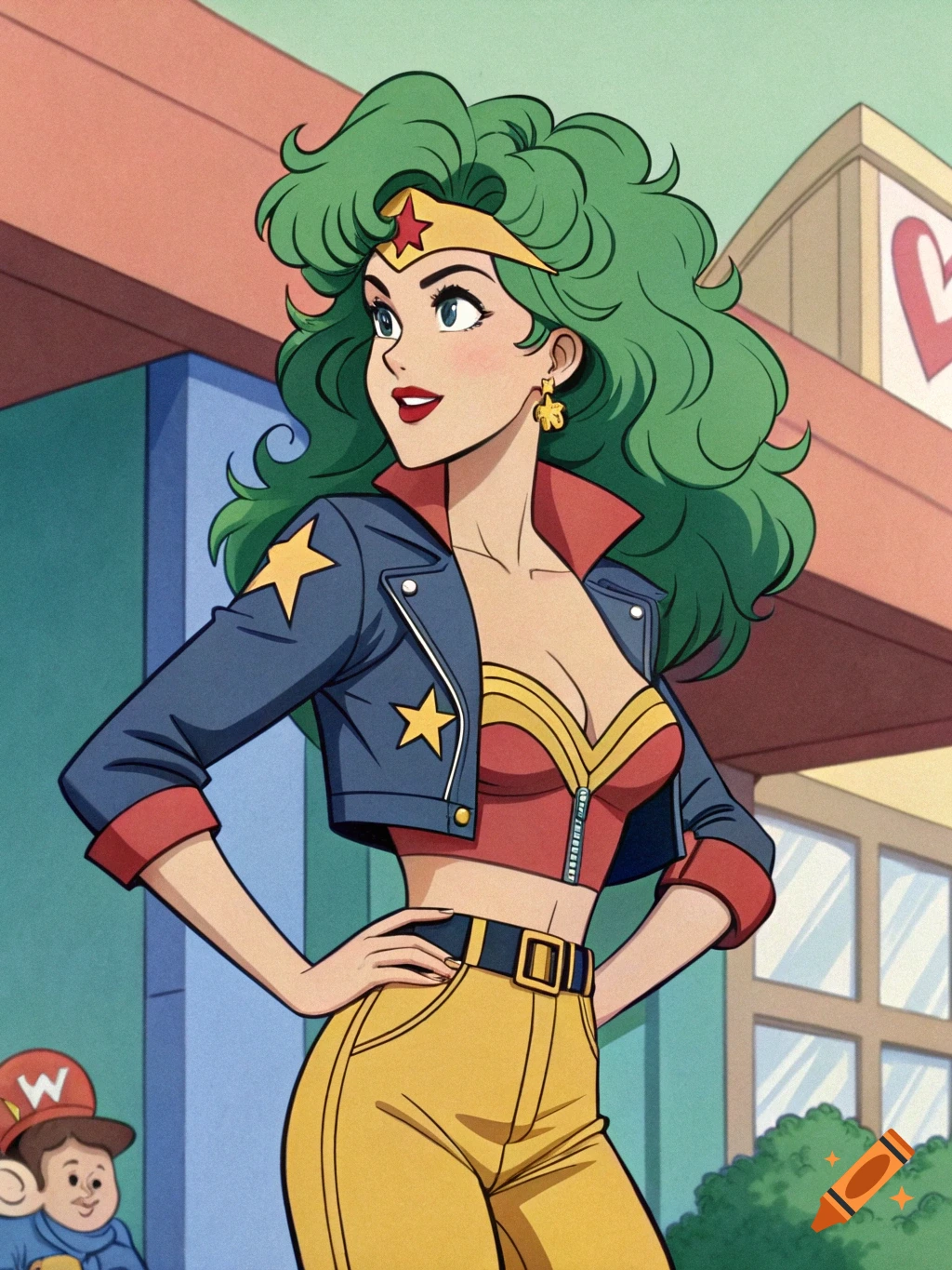 A woman with green hair in a Wonder Woman top, blue jacket, and yellow pants in an 80s cartoon style.