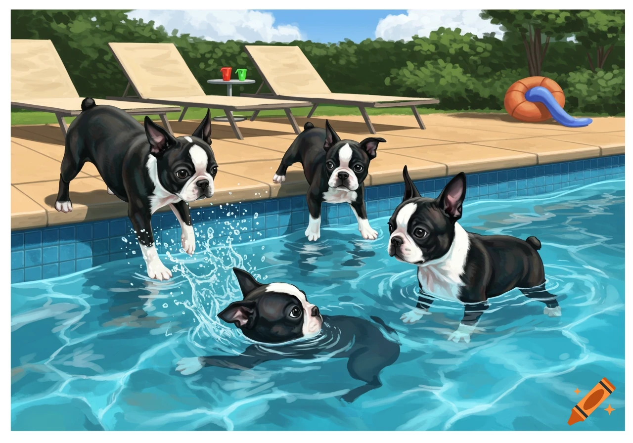 Illustration of several Boston terrier puppies swimming and playing in a backyard pool with lounge chairs.
