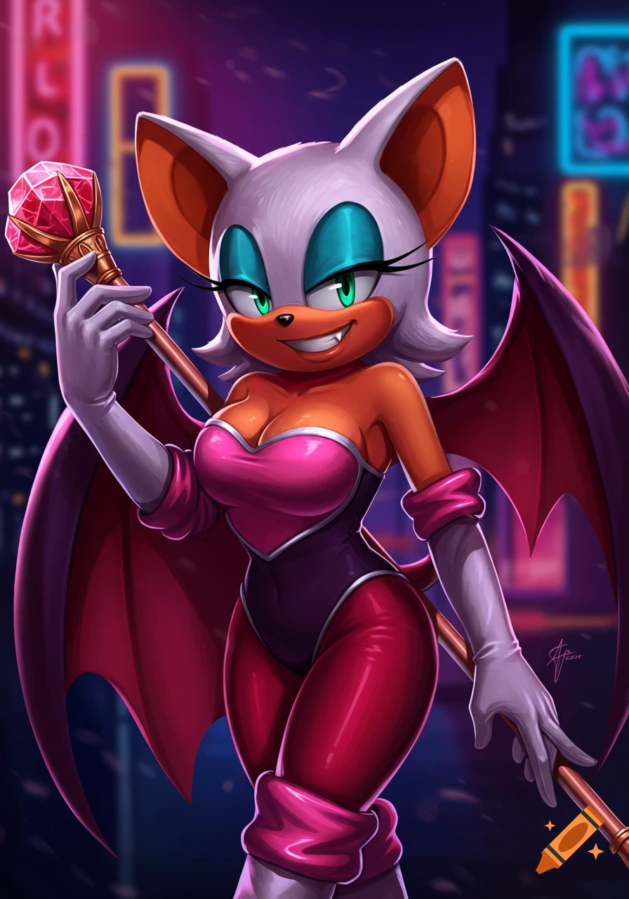 Rouge the Bat holds a staff in a city at night.