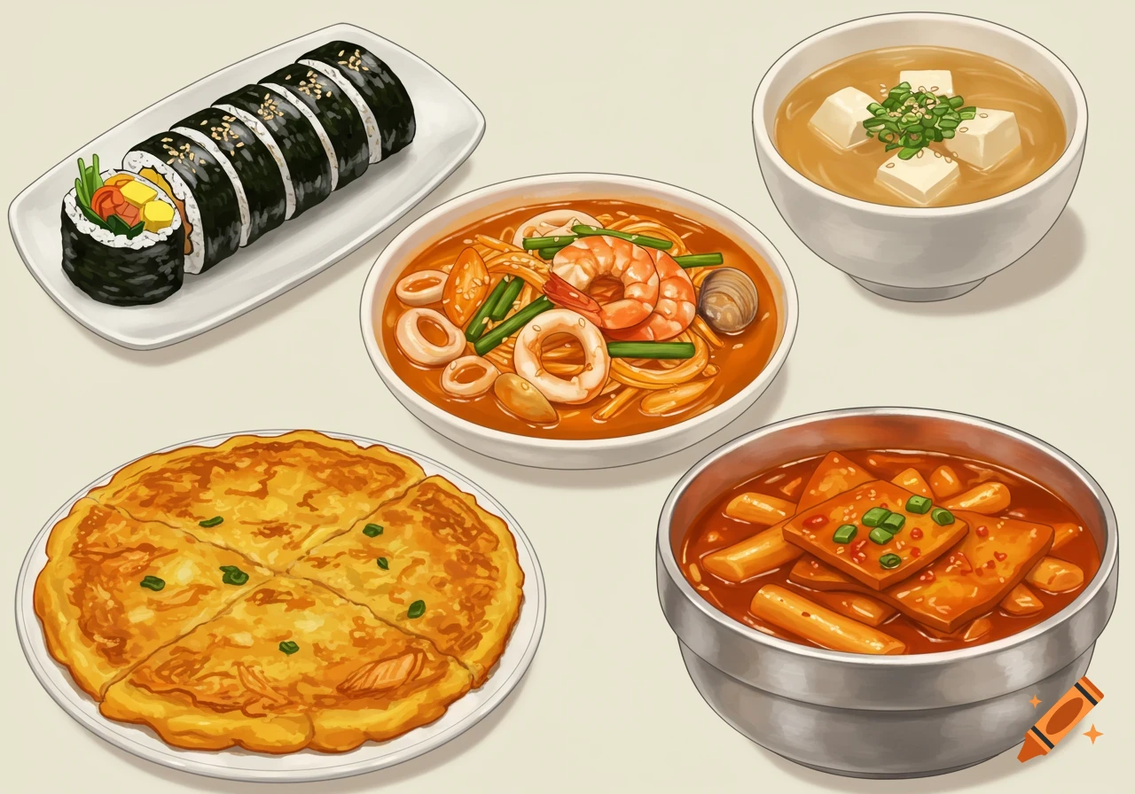 Illustration of kimbap, soft tofu soup, jjampong, kimchi pancake, and ttappokki dishes arranged on a light background.
