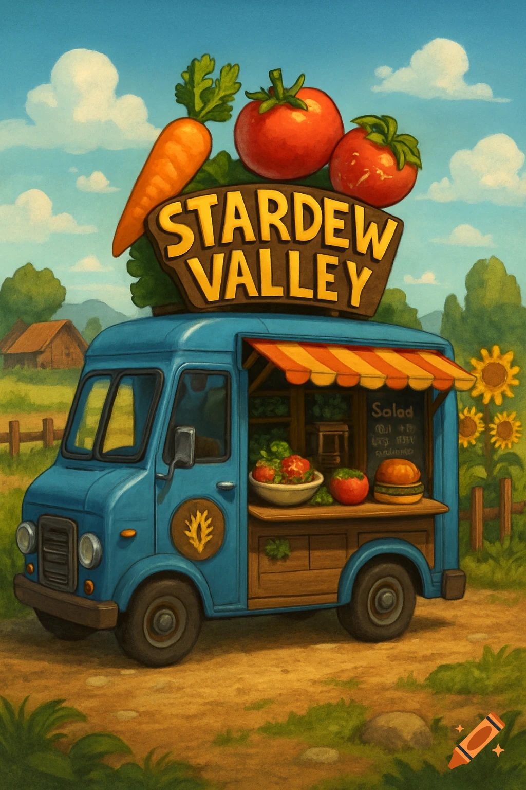 Stardew Valley themed food truck with vegetables in a farm field.