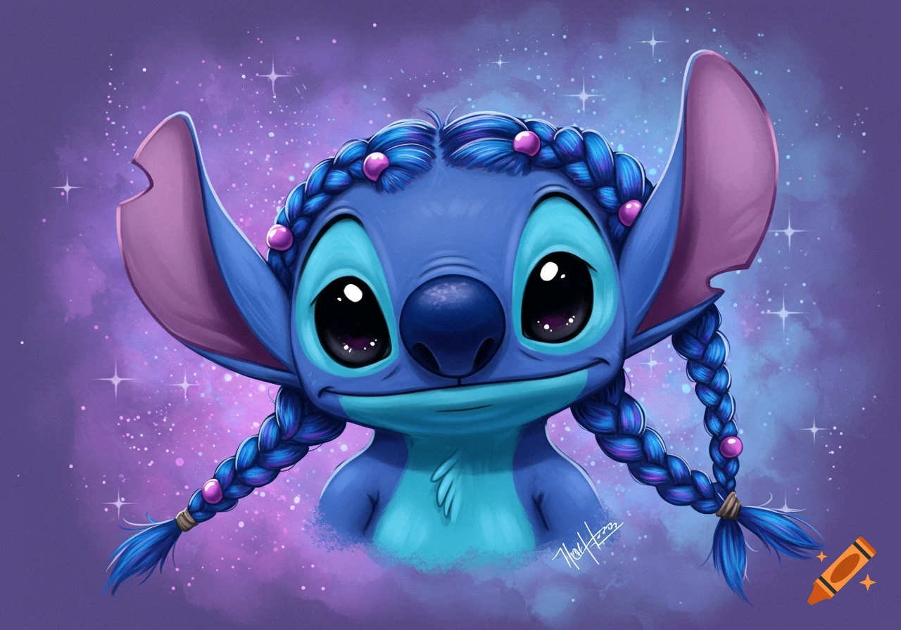 A cartoon portrait of Stitch from Lilo & Stitch with blue braids and pink beads against a starry galaxy background.