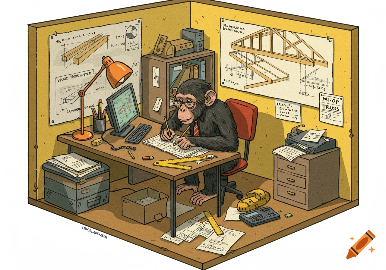 Cartoon chimpanzee works at a desk in a small office with technical drawings on walls.
