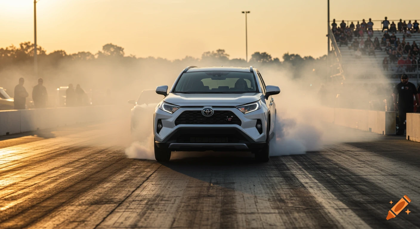A white Rav 4 SUV does a smoky burnout on a drag strip at sunset.
