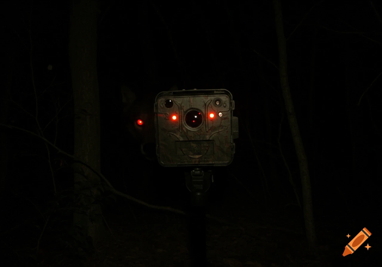 A trail camera in a dark forest at night with a creature with glowing red eyes behind it.