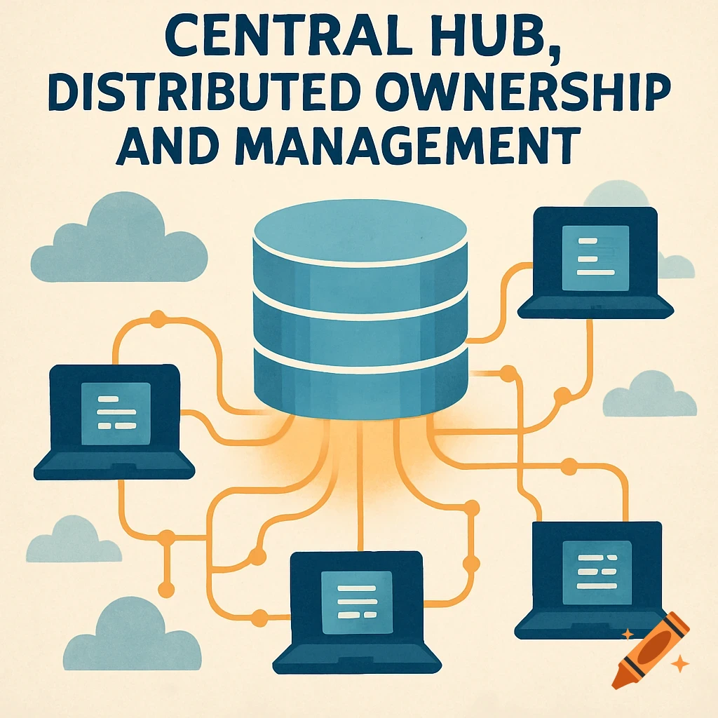 Illustration of a central data cylinder connected by lines to several laptops, with text "Central Hub, Distributed Ownership and Management".