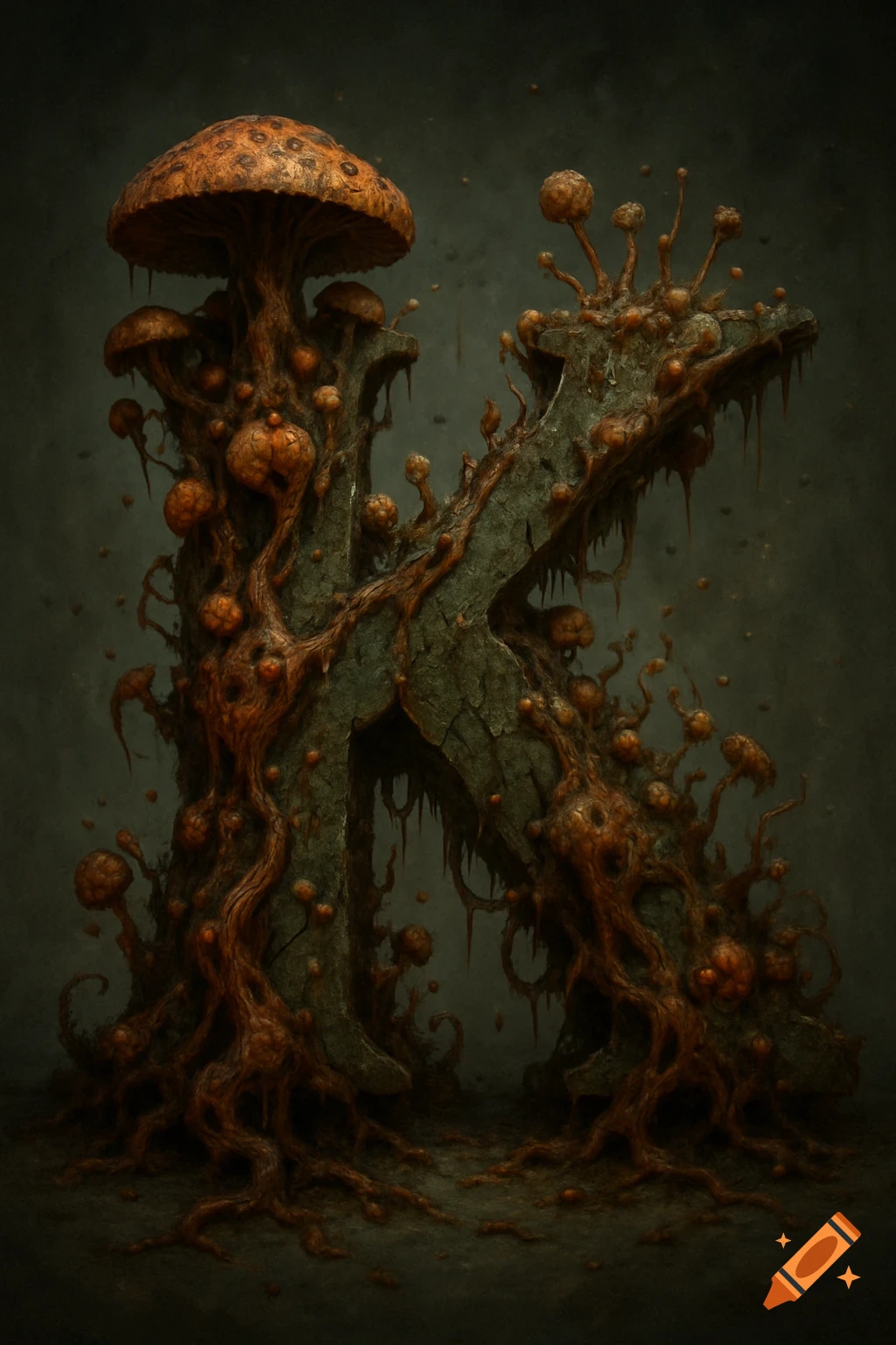 Letter K covered in dark, textured mushroom and fungal growths.