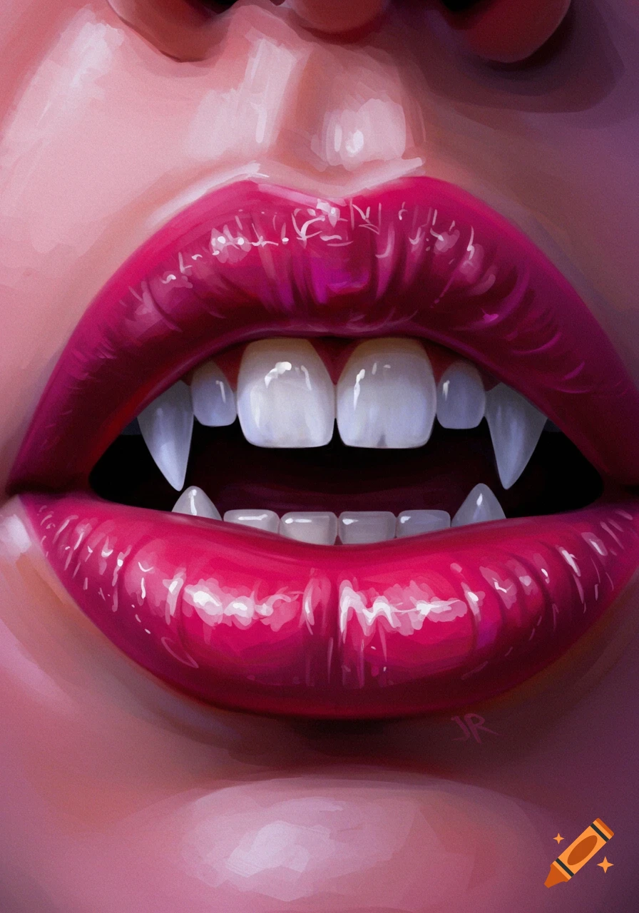 Close-up illustration of glossy pink lips with white vampire fangs.