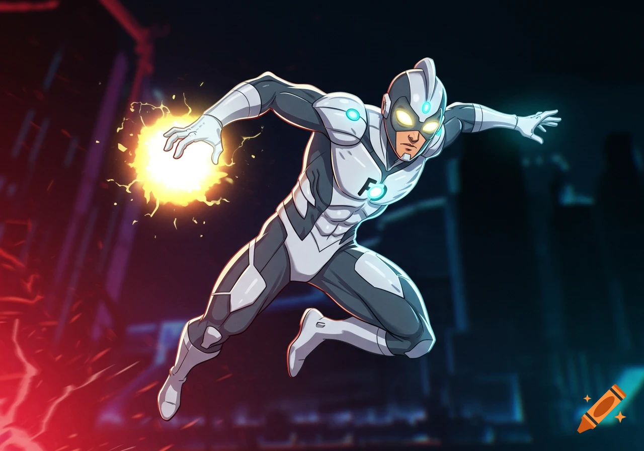 Animated superhero in white and grey suit leaps forward, holding a glowing orange energy ball, against a dark, futuristic city background.