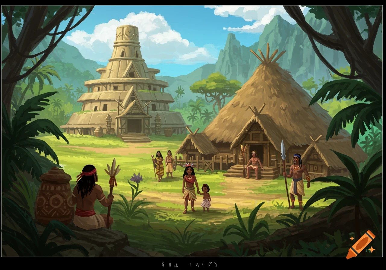 Illustrated village scene with a pyramid and huts in a jungle clearing, people standing around