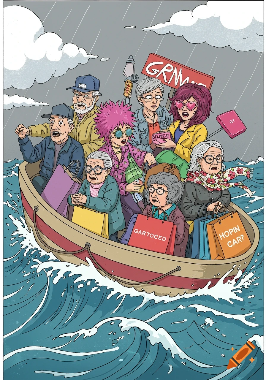 Cartoon illustration of shoppers in a small boat during a storm