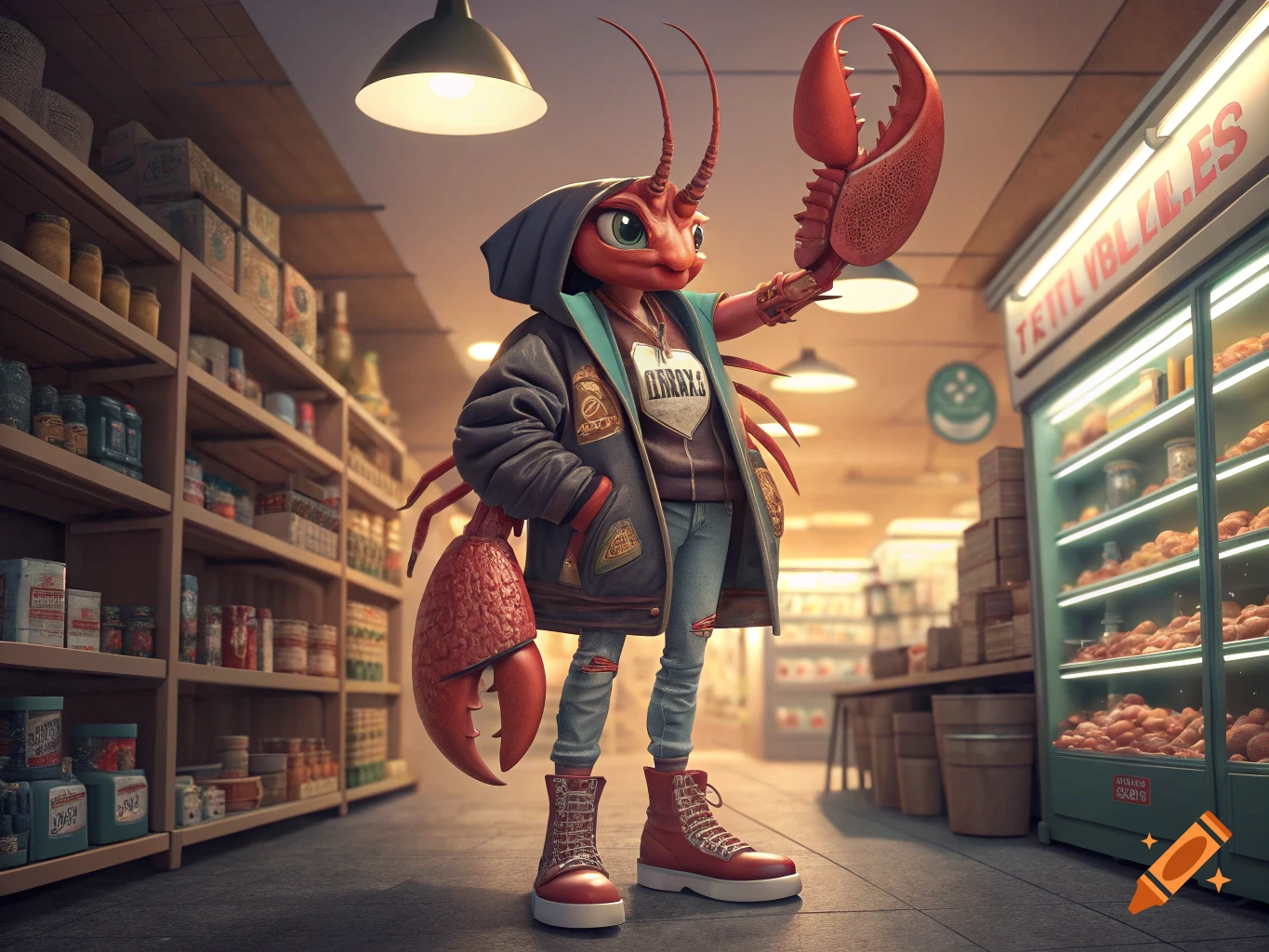 A humanoid lobster in a hoodie and jeans stands in a bodega.