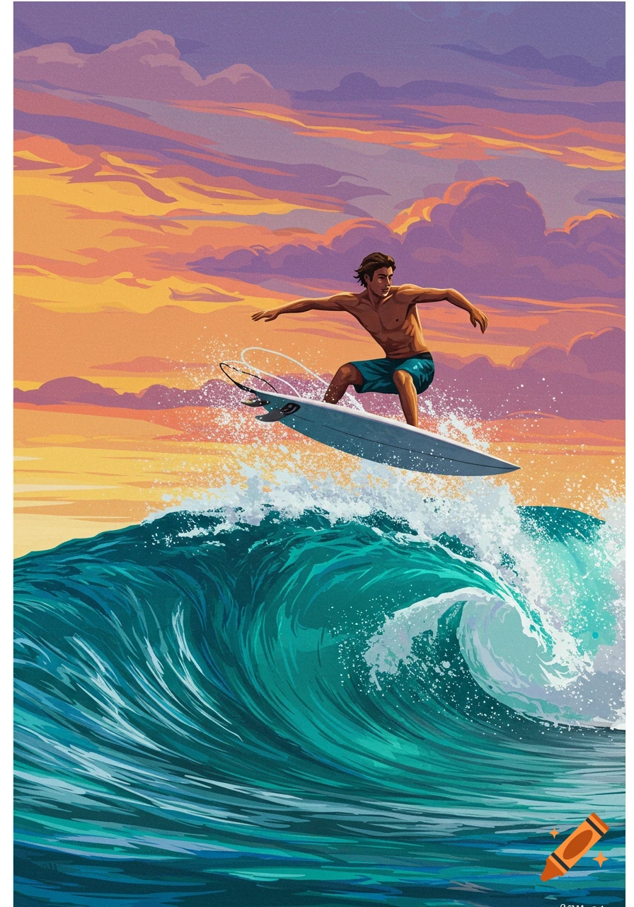 Illustration of a surfer riding a large wave at sunset.