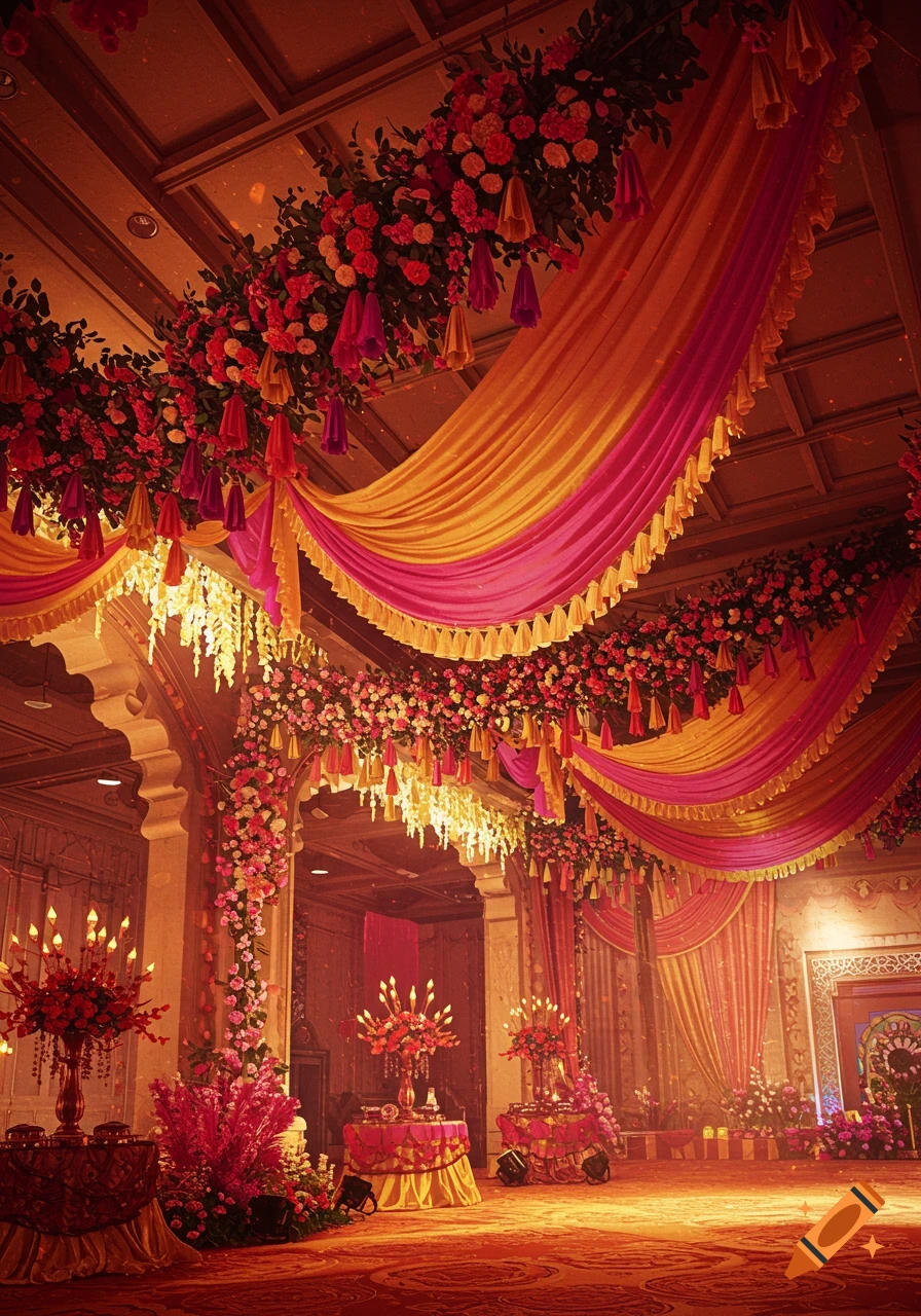 Elaborate floral and fabric decorations in a large event hall