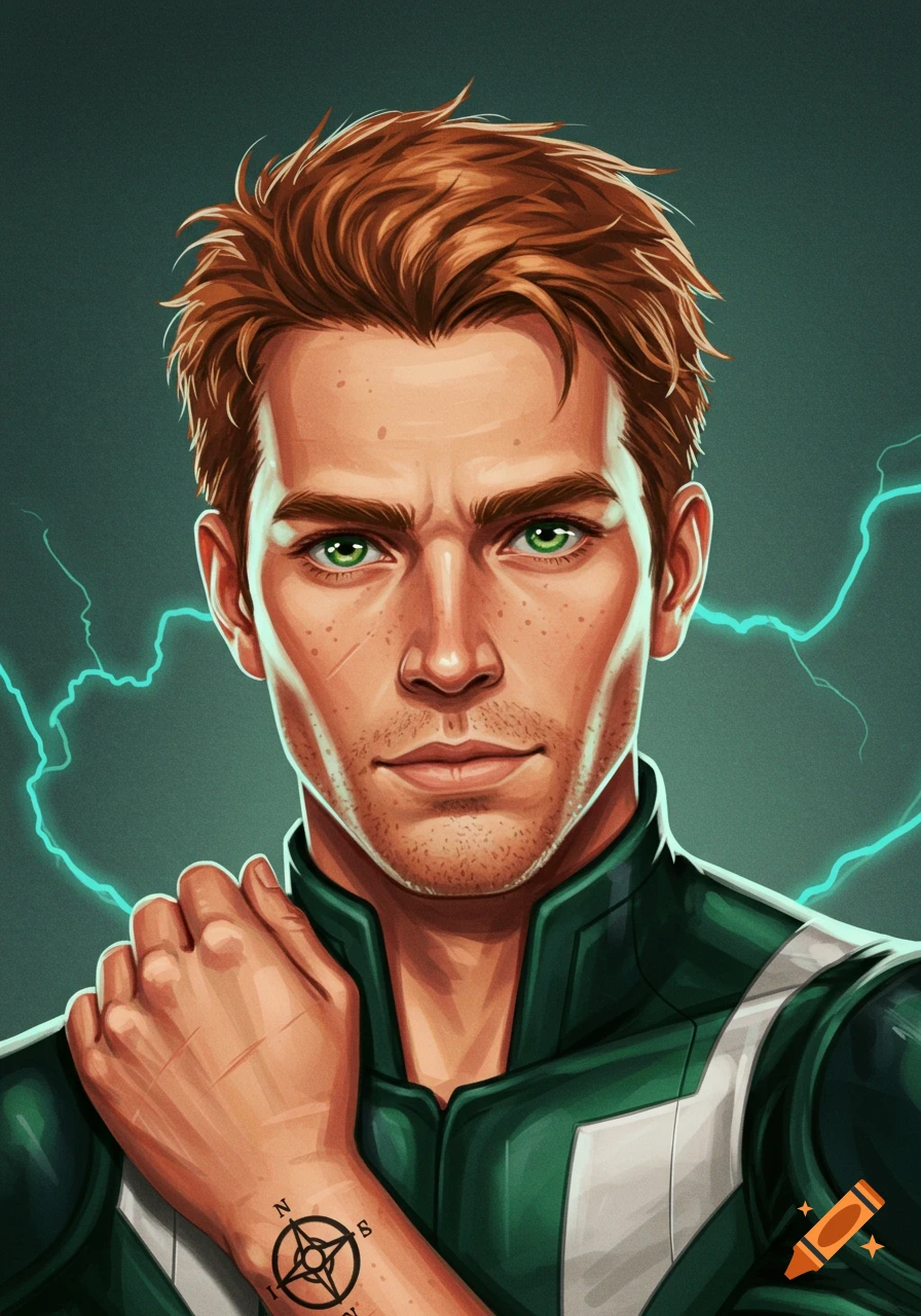 Illustration of a male superhero with red hair, green eyes, freckles, and a compass tattoo on his wrist, wearing a green suit.