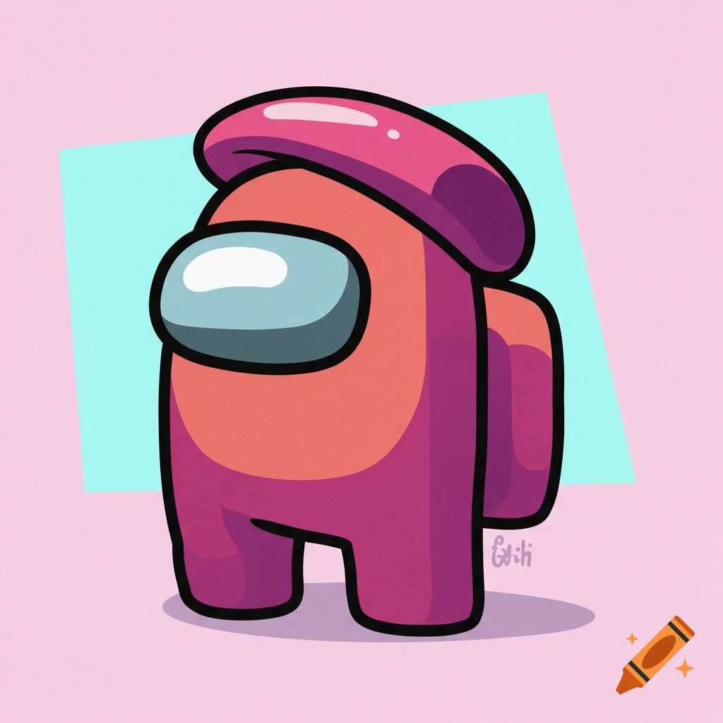 A pink Among Us character wears a shiny pink hat resembling a stapler head.