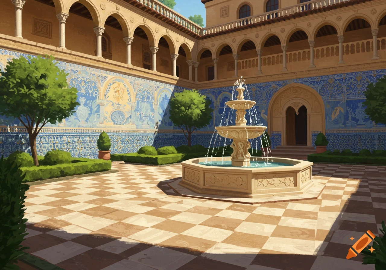 A courtyard with a checkered floor and a fountain in the middle, surrounded by arched buildings with patterned walls.