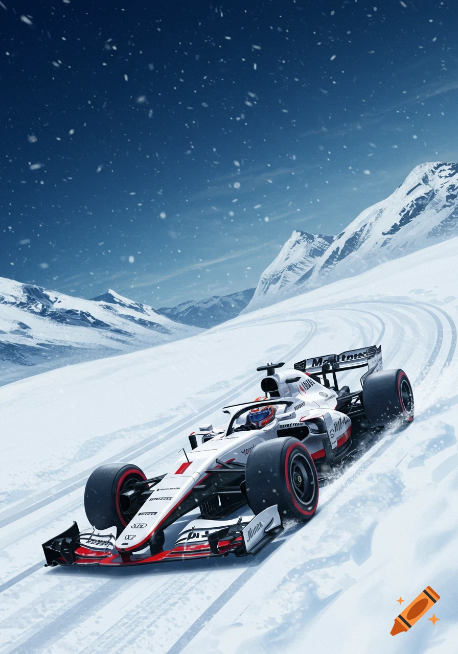 A white and red F1 car races on a snowy track in a mountain range under a dark sky with falling snow.