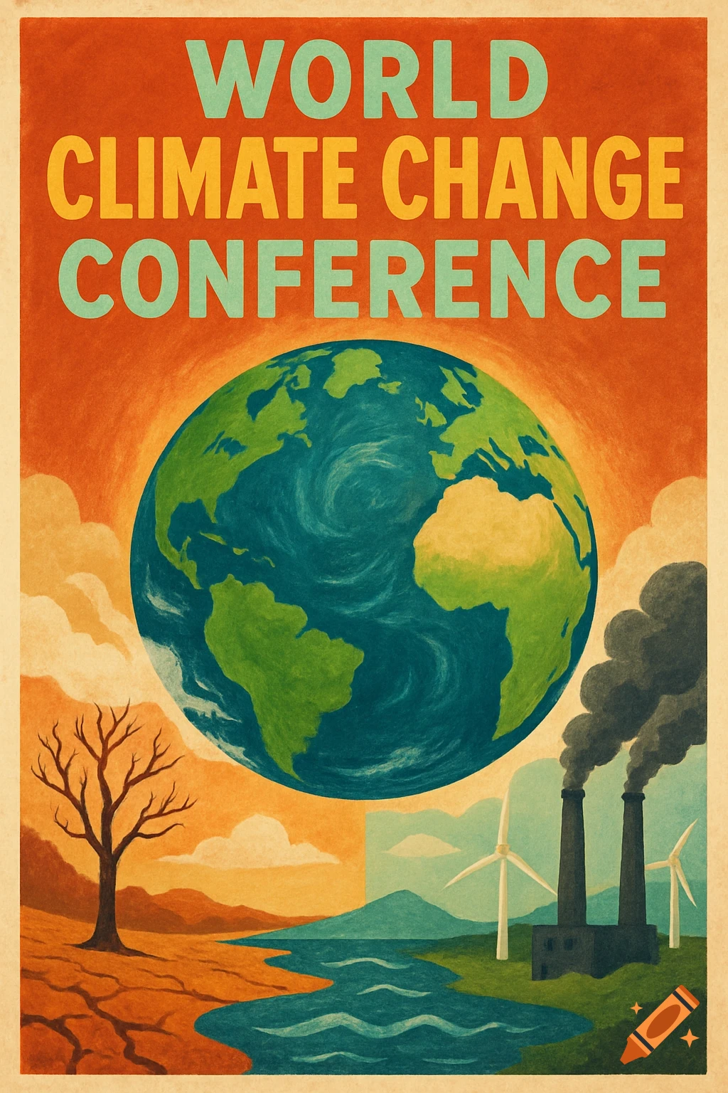 Stylized climate change conference poster showing Earth, drought, river, factories, and wind turbines.