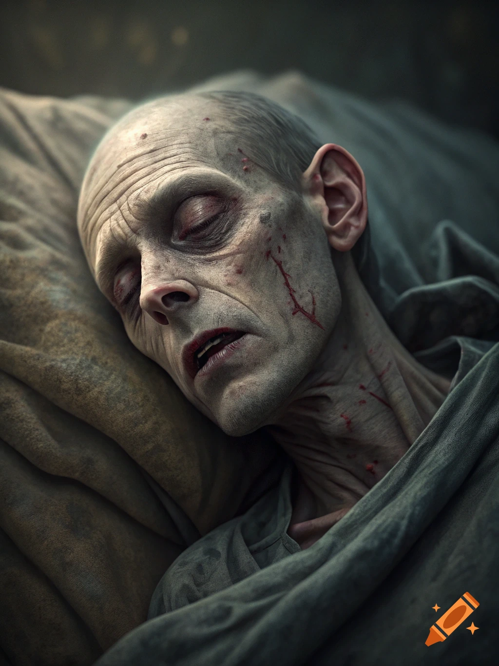 Close-up of a horrific, gaunt, pale face with closed eyes and wounds, lying on fabric.