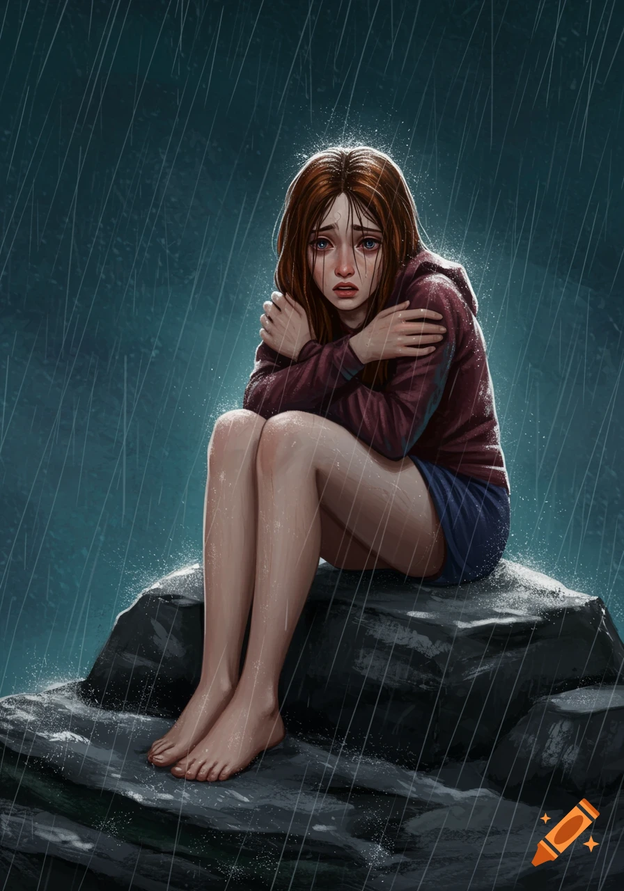 Young girl sits on a rock in the rain, looking sad and cold, hugging herself.